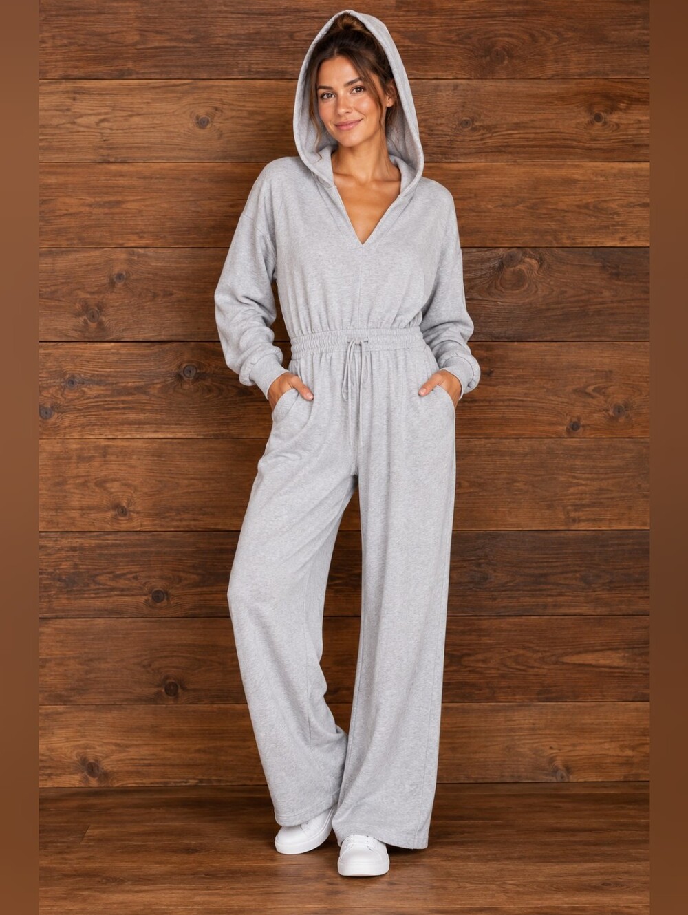 Hollister Feel Good Fleece Jumpsuit Hooded  Wide-Leg Gray Size Small